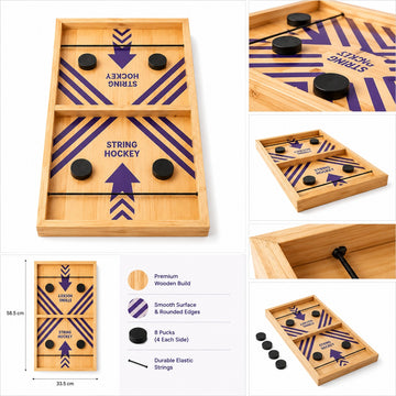 Crazinos Wooden String Hockey Game | Fast Sling Puck Board Game for Kids & Adults | Premium Wooden Tabletop Game with 8 Pucks | Family Fun & Party Game