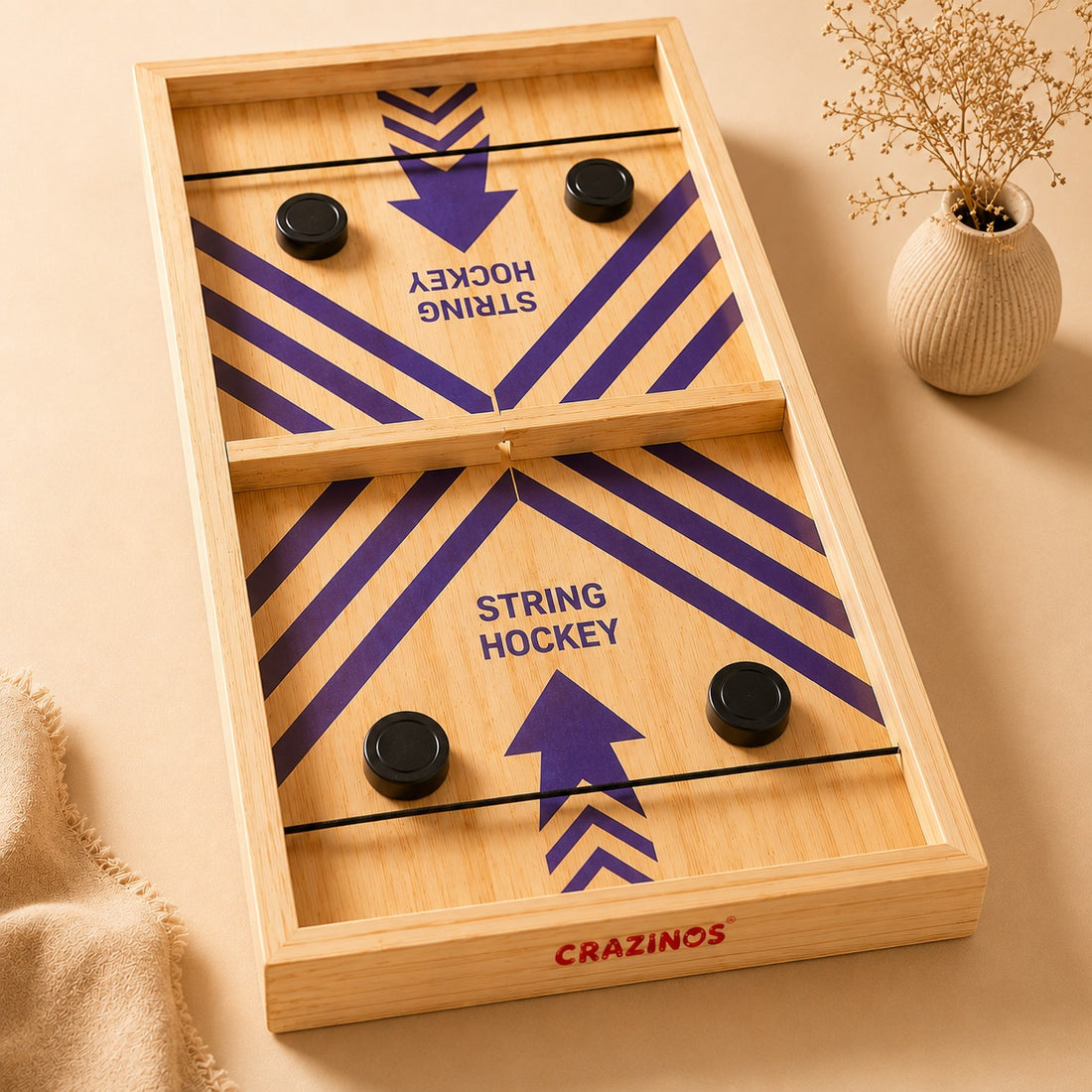 Crazinos Wooden String Hockey Game | Fast Sling Puck Board Game for Kids & Adults | Premium Wooden Tabletop Game with 8 Pucks | Family Fun & Party Game