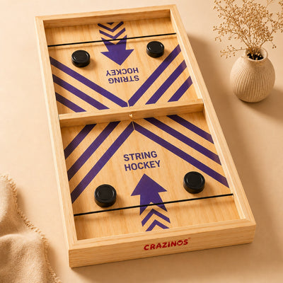 Crazinos Wooden String Hockey Game | Fast Sling Puck Board Game for Kids & Adults | Premium Wooden Tabletop Game with 8 Pucks | Family Fun & Party Game