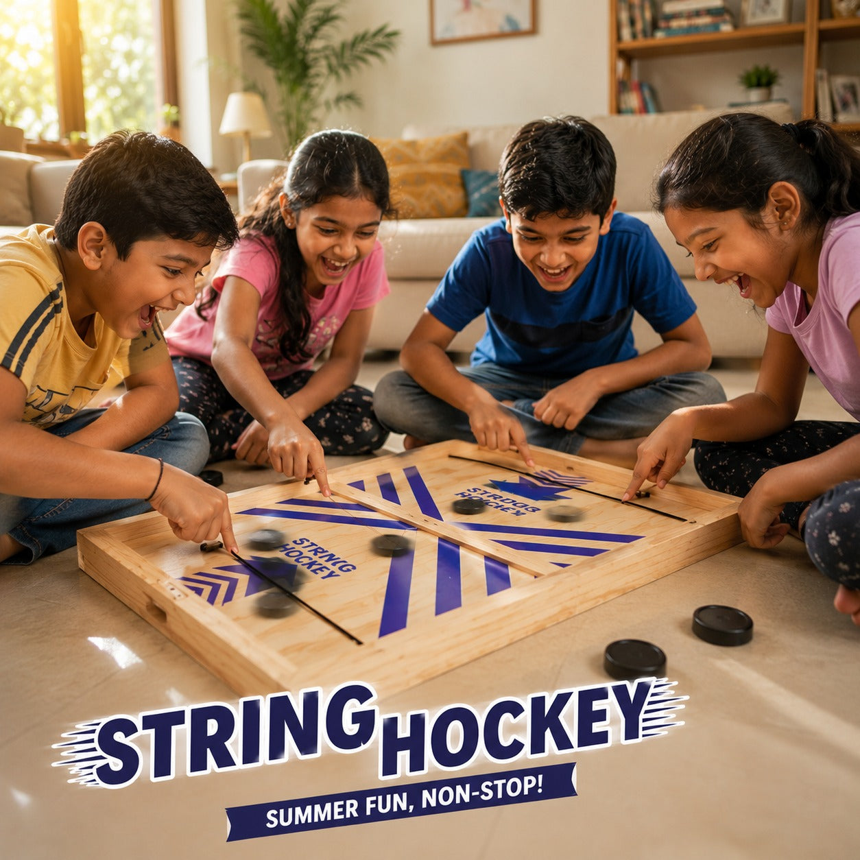 Crazinos Wooden String Hockey Game | Fast Sling Puck Board Game for Kids & Adults | Premium Wooden Tabletop Game with 8 Pucks | Family Fun & Party Game