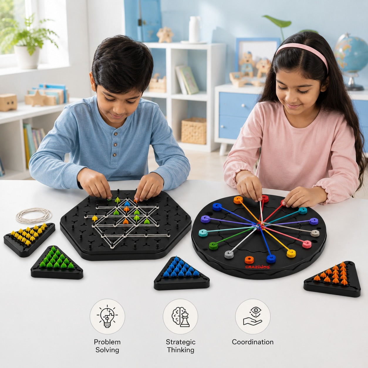 CRAZINOS 2-in-1 Brain Teaser Game Combo | Rope Logic Puzzle & Triggle Triangle Chess | Strategy Board Game for Kids & Adults | Age 4+
