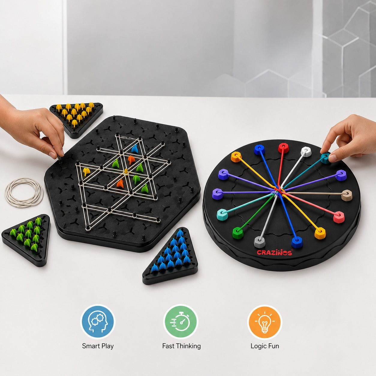 CRAZINOS 2-in-1 Brain Teaser Game Combo | Rope Logic Puzzle & Triggle Triangle Chess | Strategy Board Game for Kids & Adults | Age 4+