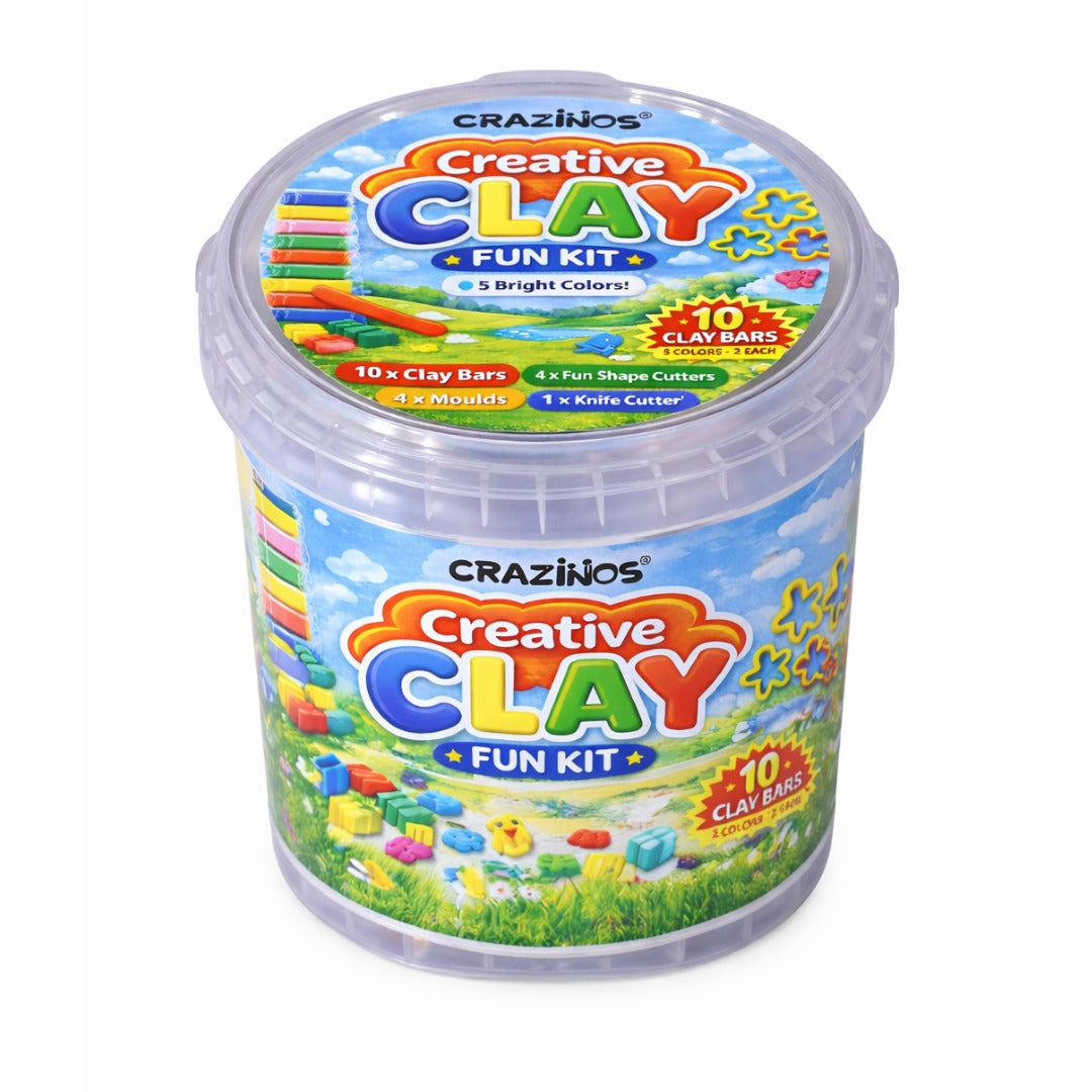 Crazinos Creative Clay Fun bucket for Kids | 10 Clay Bars (5 Colors × 2 Each) | 8 Moulds & 1 Knife | DIY Art & Craft Toy for Kids