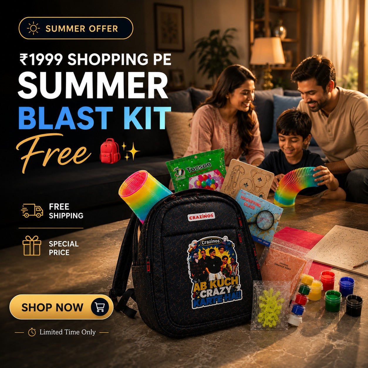 Crazinos Summer Blast Kit for Kids | Sand Art, Water Colours, Spinner, Slinky & More