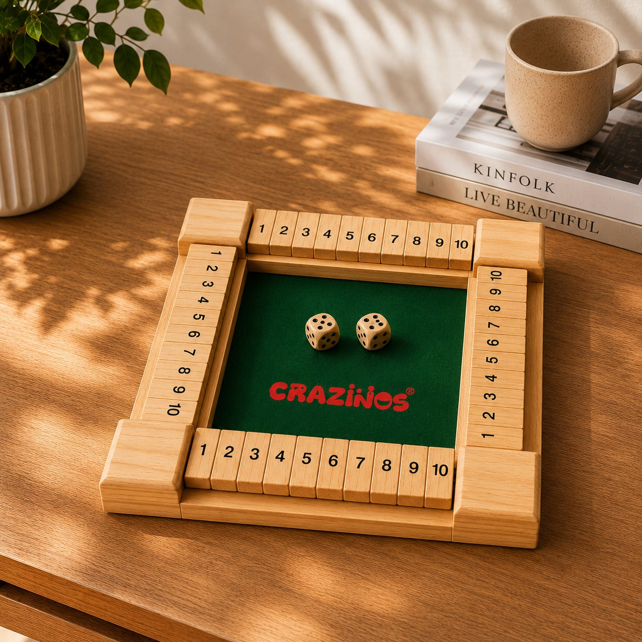 Premium Wooden Shut The Box Dice Game | 10 Inch Pine Wood Board Game with Felt Surface & 2 Dice | Family Math & Strategy Game for Kids & Adults