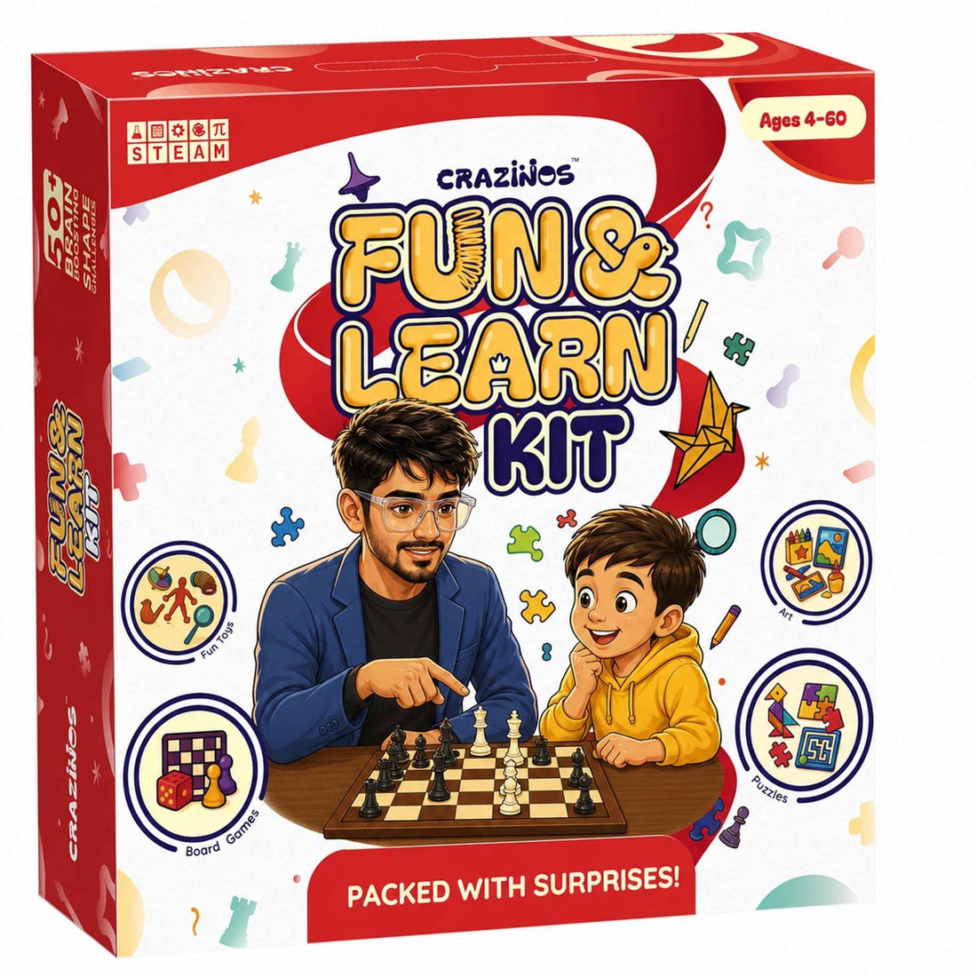 Crazinos 100-in-1 Fun & Learn Activity Kit for Kids 4+ | DIY, Art & Board Games Gift Set