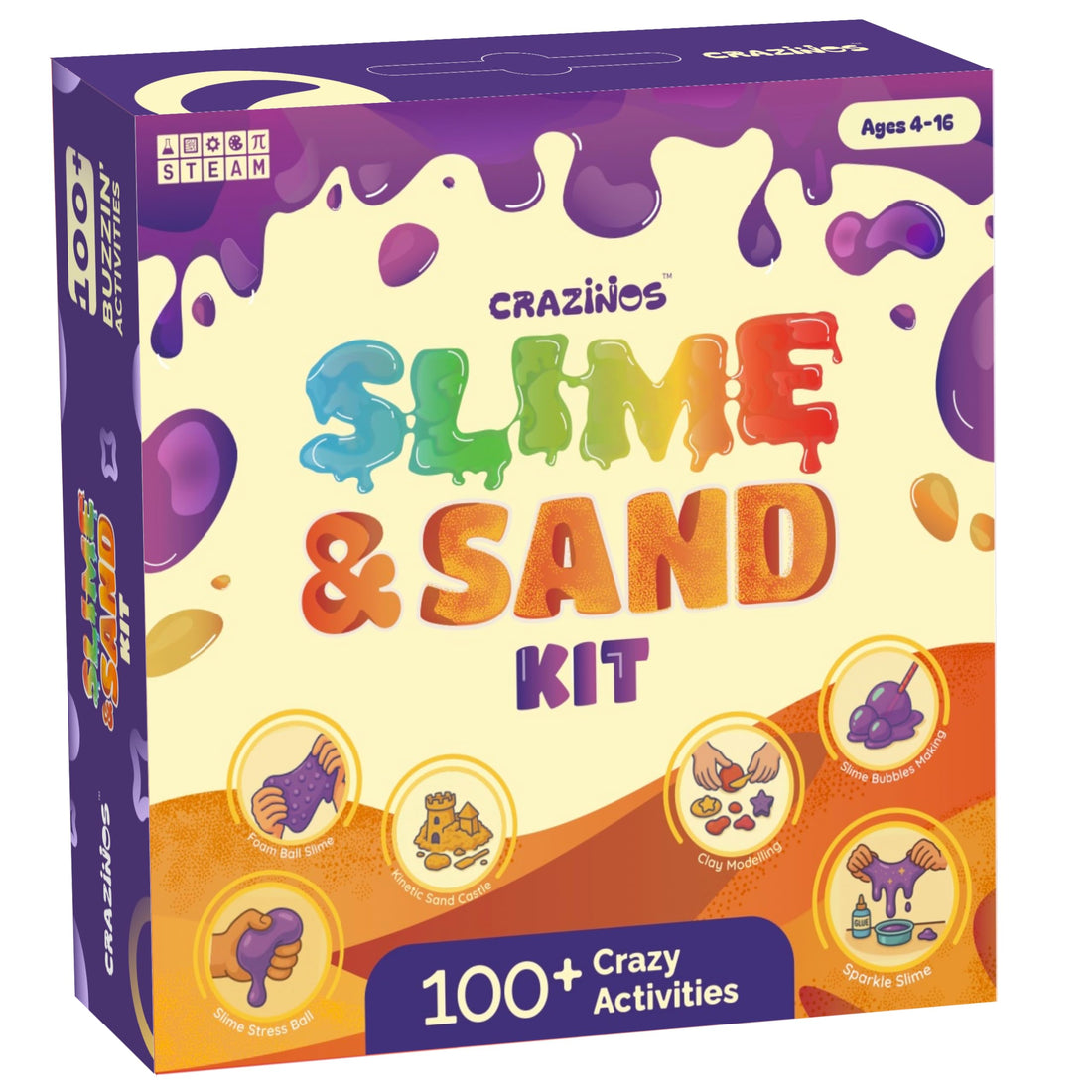 3 in 1 Slime, Sand and Clay Kit | 100+ Hands-On STEM & Sensory Activities | For 3–4 Learners | Kids Age 4–16 | By Crazy XYZ