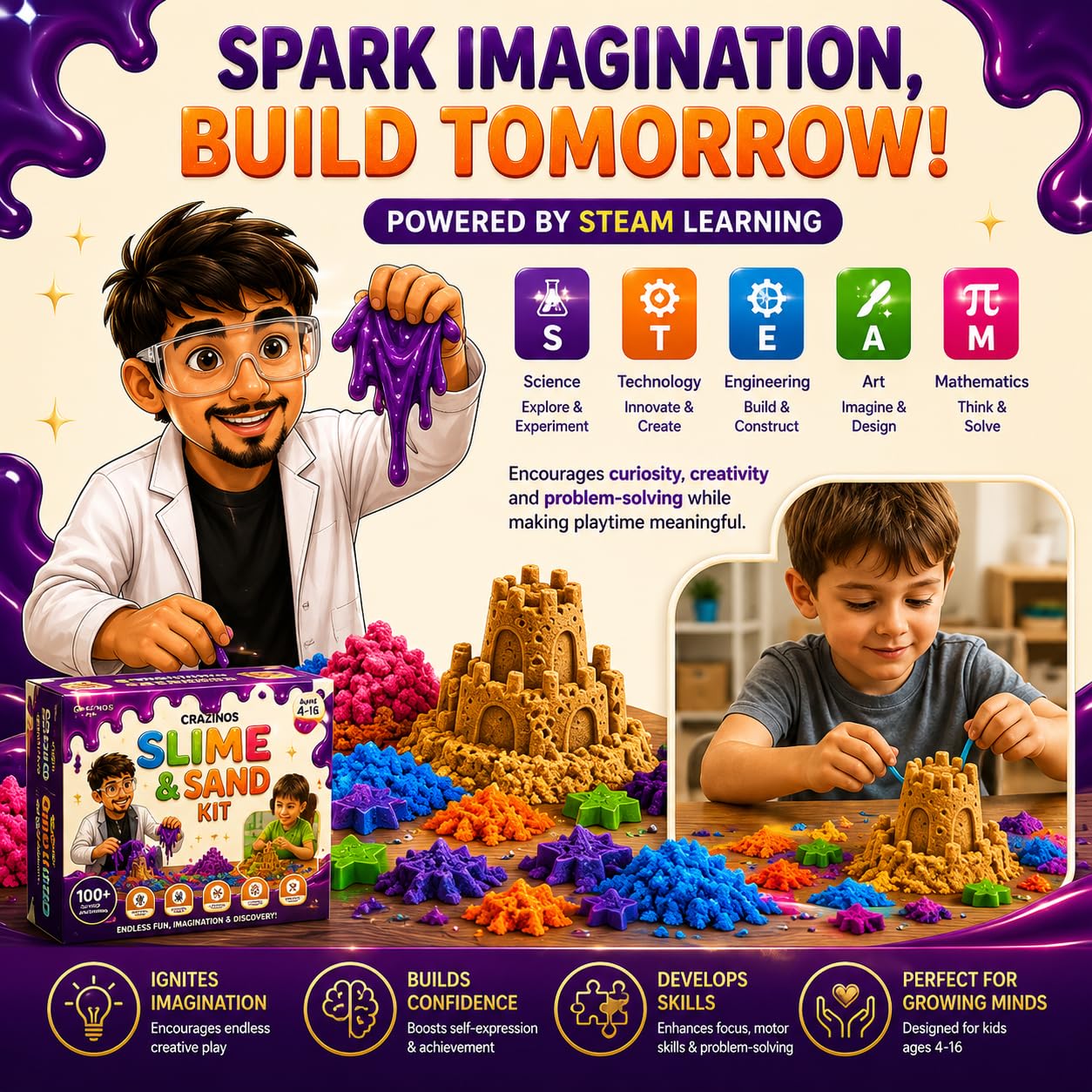 3 in 1 Slime, Sand and Clay Kit | 100+ Hands-On STEM & Sensory Activities | For 3–4 Learners | Kids Age 4–16 | By Crazy XYZ