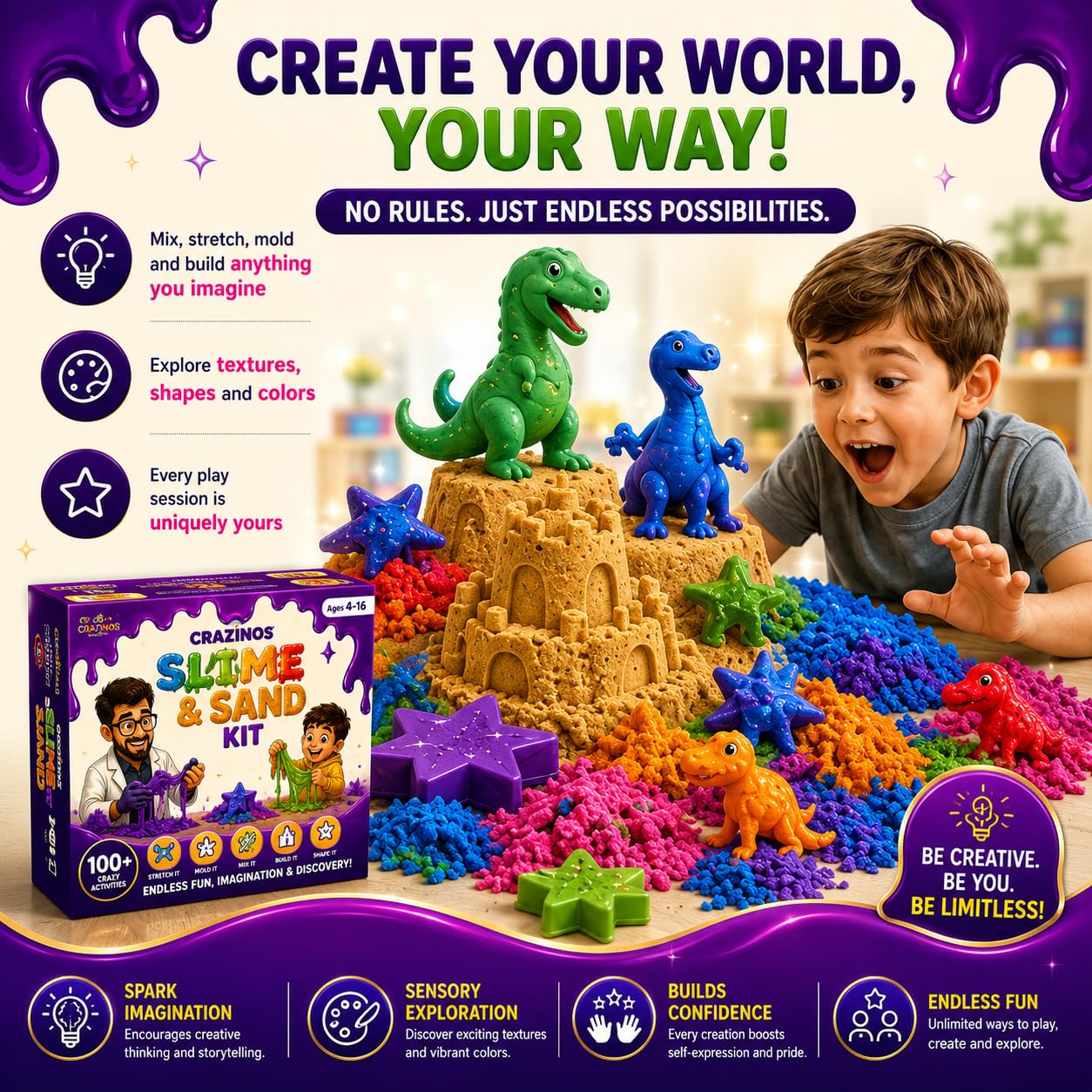 3 in 1 Slime, Sand and Clay Kit | 100+ Hands-On STEM & Sensory Activities | For 3–4 Learners | Kids Age 4–16 | By Crazy XYZ