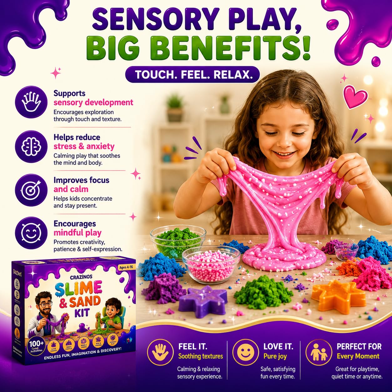 3 in 1 Slime, Sand and Clay Kit | 100+ Hands-On STEM & Sensory Activities | For 3–4 Learners | Kids Age 4–16 | By Crazy XYZ