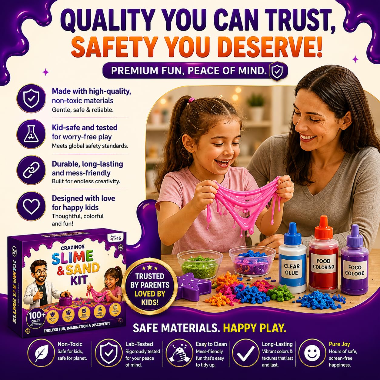3 in 1 Slime, Sand and Clay Kit | 100+ Hands-On STEM & Sensory Activities | For 3–4 Learners | Kids Age 4–16 | By Crazy XYZ
