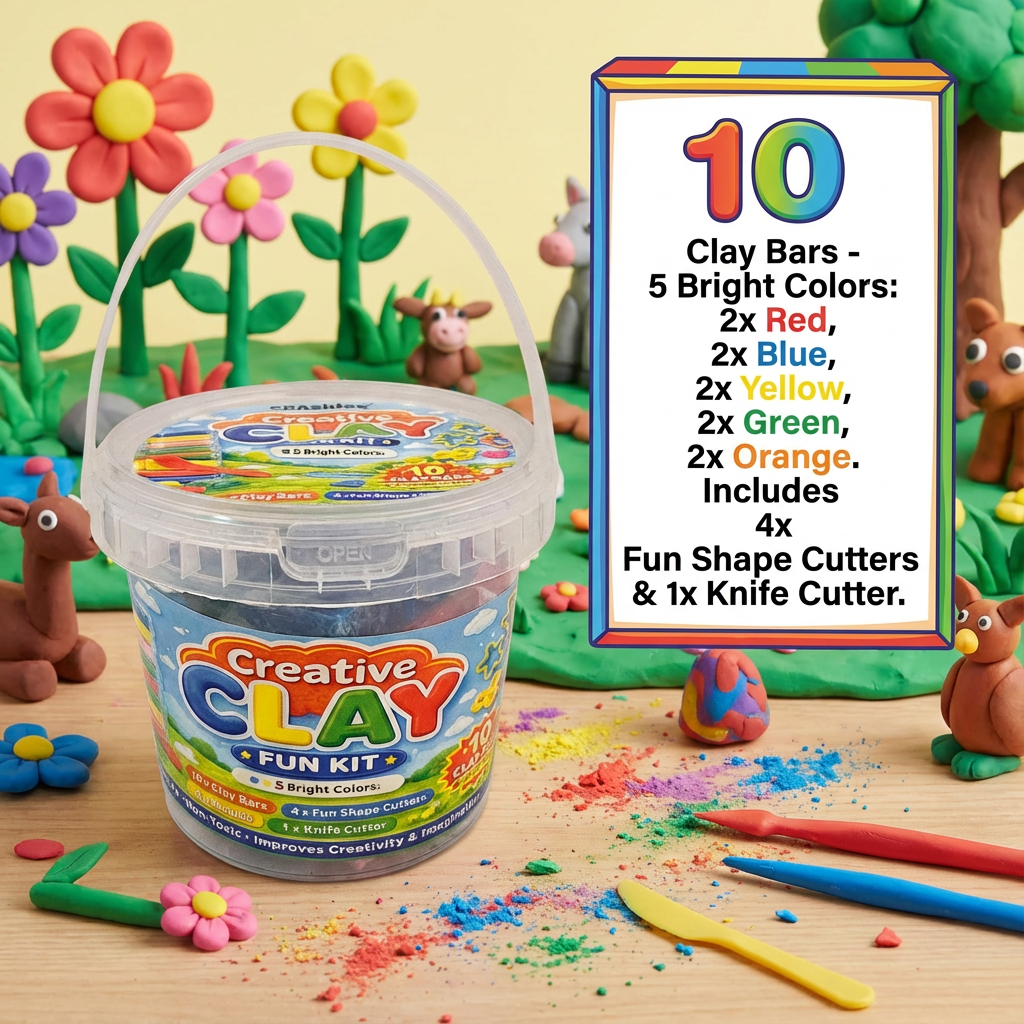Crazinos Creative Clay Fun bucket for Kids | 10 Clay Bars (5 Colors × 2 Each) | 8 Moulds & 1 Knife | DIY Art & Craft Toy for Kids