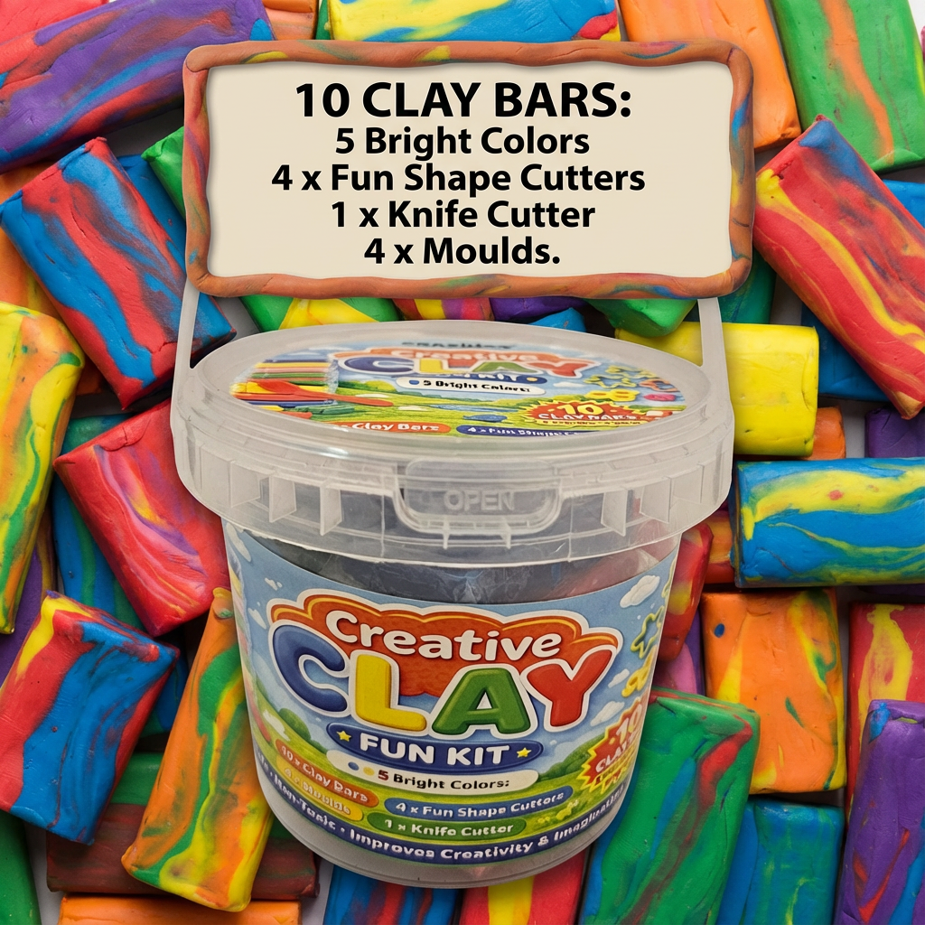 Crazinos Creative Clay Fun bucket for Kids | 10 Clay Bars (5 Colors × 2 Each) | 8 Moulds & 1 Knife | DIY Art & Craft Toy for Kids