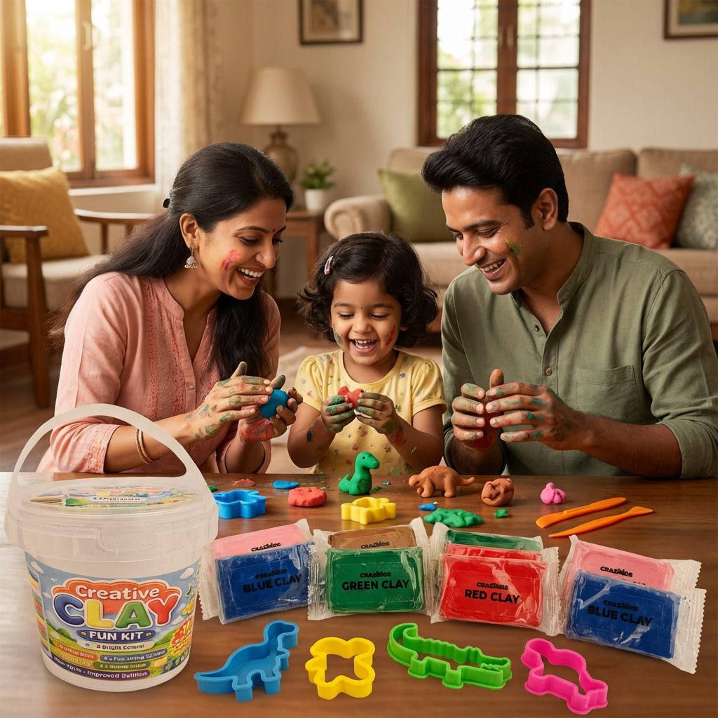 Crazinos Creative Clay Fun bucket for Kids | 10 Clay Bars (5 Colors × 2 Each) | 8 Moulds & 1 Knife | DIY Art & Craft Toy for Kids