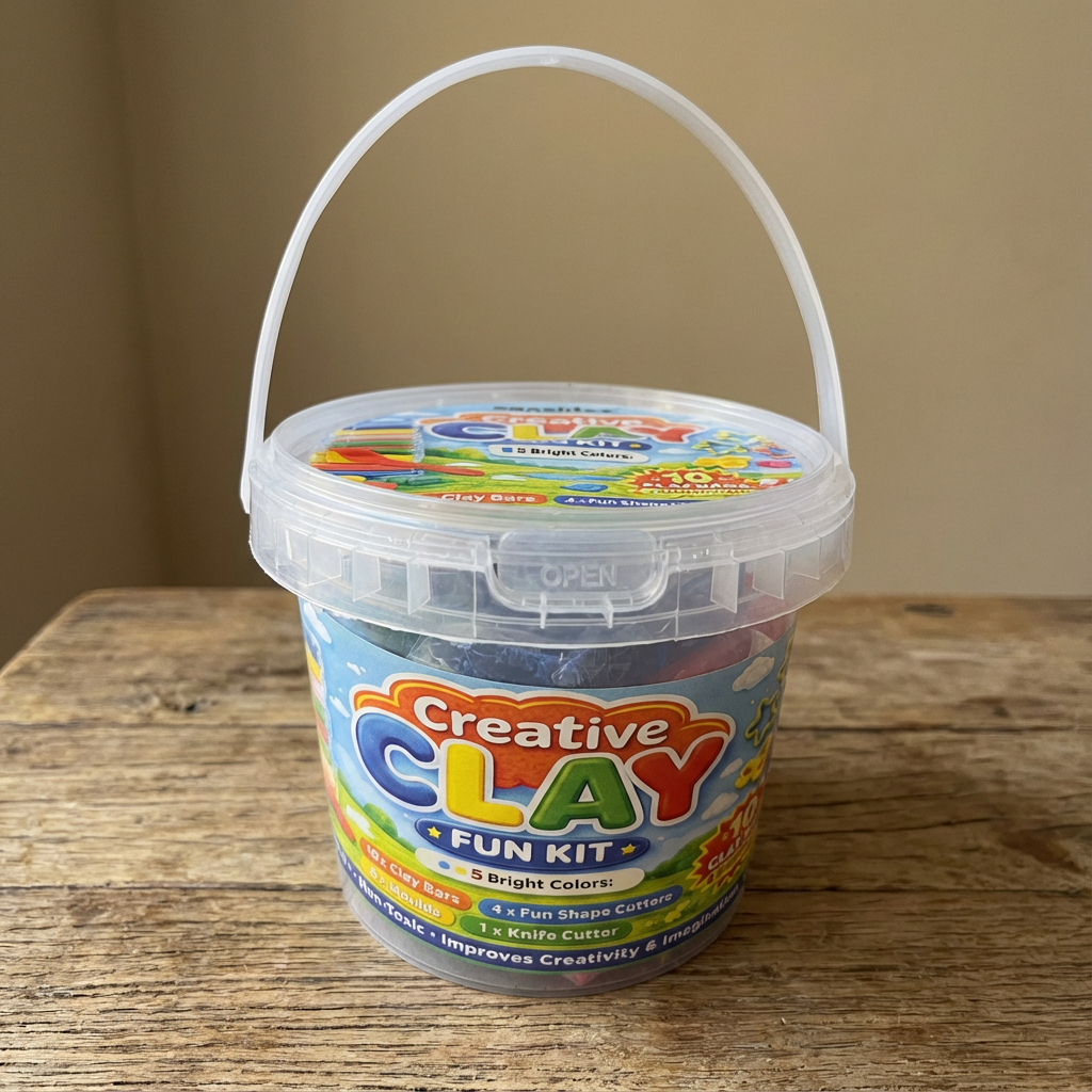 Crazinos Creative Clay Fun bucket for Kids | 10 Clay Bars (5 Colors × 2 Each) | 8 Moulds & 1 Knife | DIY Art & Craft Toy for Kids