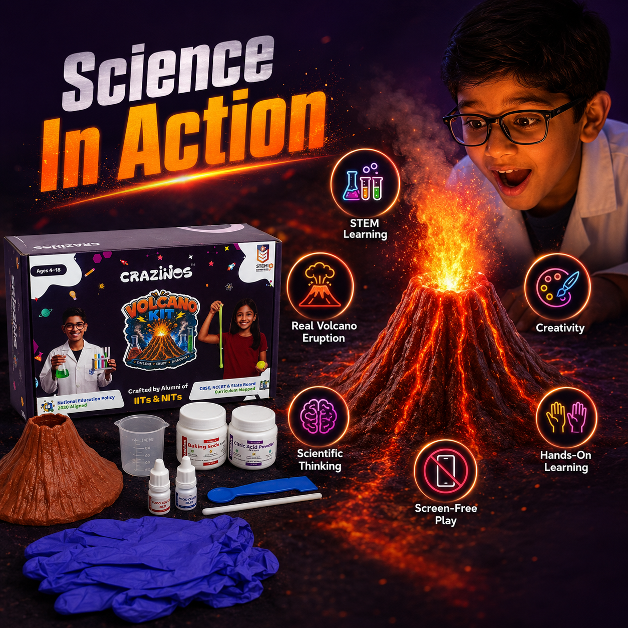 CRAZINOS Volcano Kit for Kids | STEM Science Experiment Kit with Real Volcano Eruption | Ages 4-18
