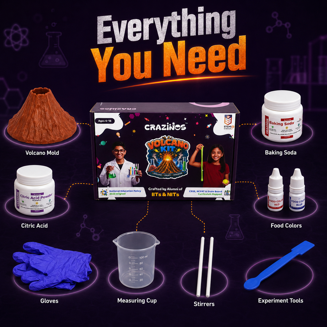 CRAZINOS Volcano Kit for Kids | STEM Science Experiment Kit with Real Volcano Eruption | Ages 4-18