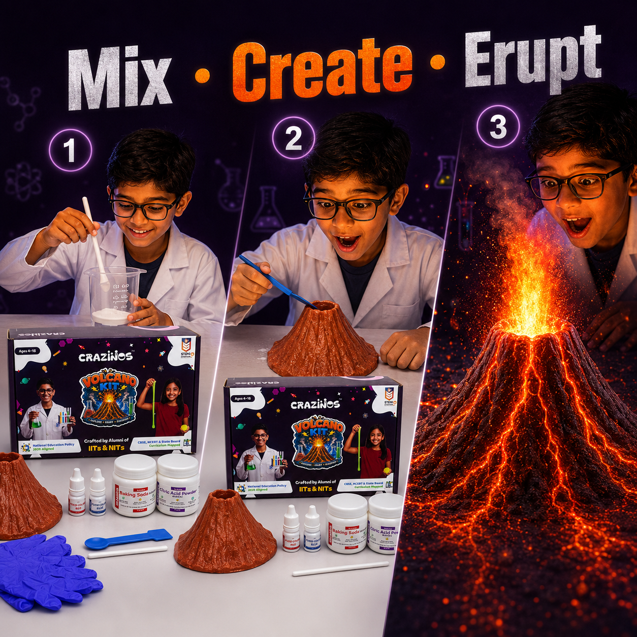 CRAZINOS Volcano Kit for Kids | STEM Science Experiment Kit with Real Volcano Eruption | Ages 4-18