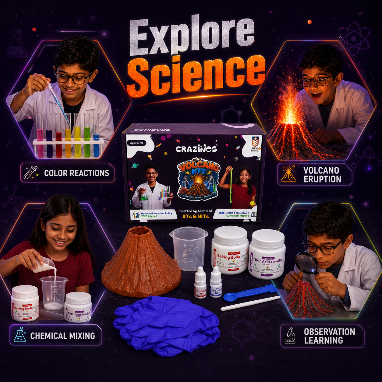 CRAZINOS Volcano Kit for Kids | STEM Science Experiment Kit with Real Volcano Eruption | Ages 4-18