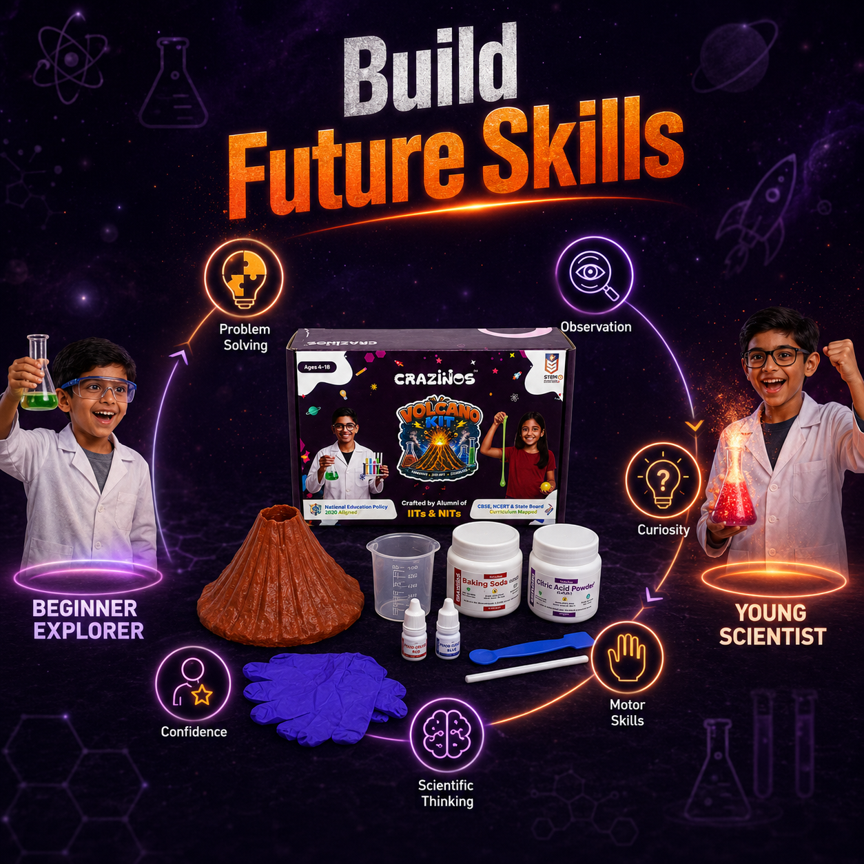 CRAZINOS Volcano Kit for Kids | STEM Science Experiment Kit with Real Volcano Eruption | Ages 4-18