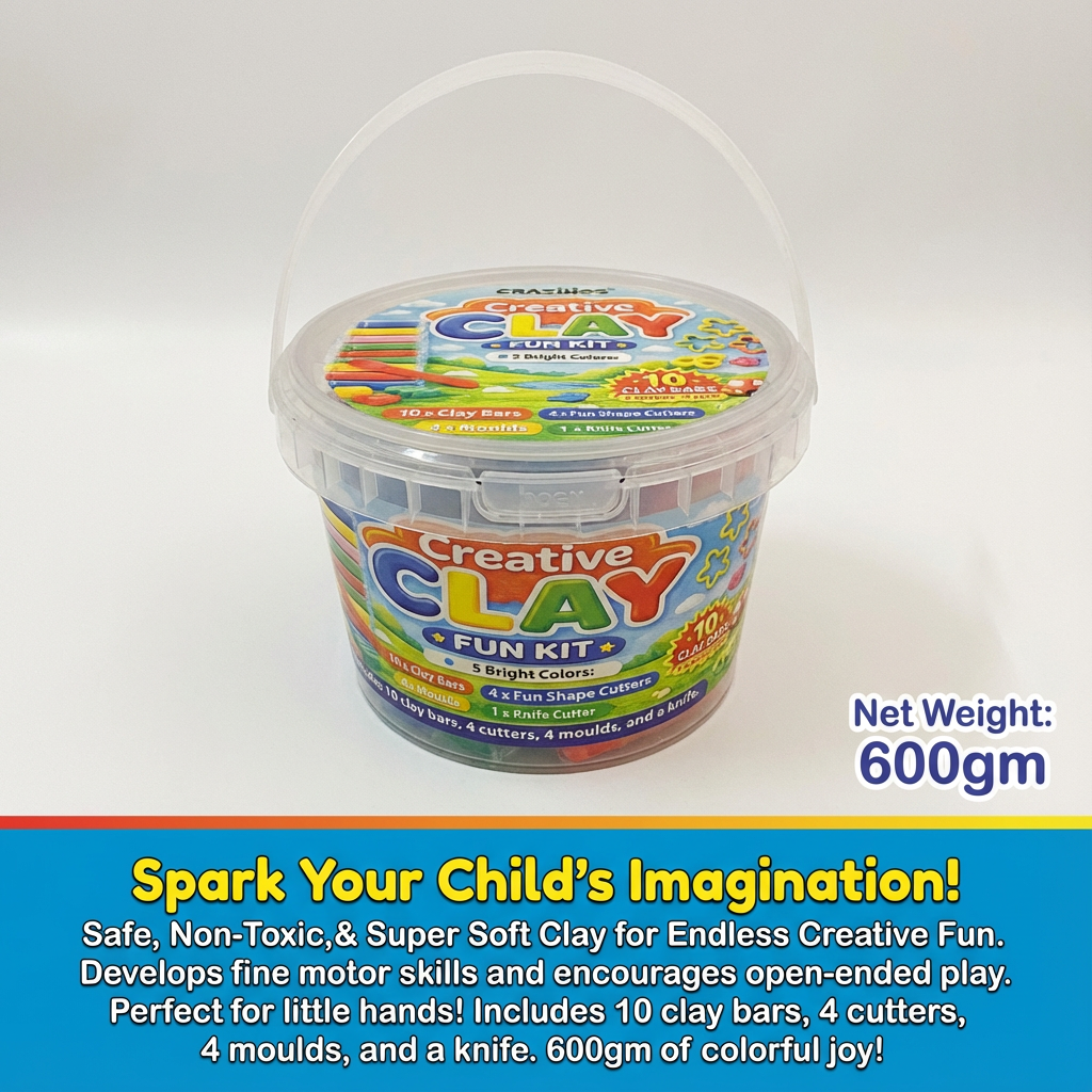 Crazinos Creative Clay Fun bucket for Kids | 10 Clay Bars (5 Colors × 2 Each) | 8 Moulds & 1 Knife | DIY Art & Craft Toy for Kids